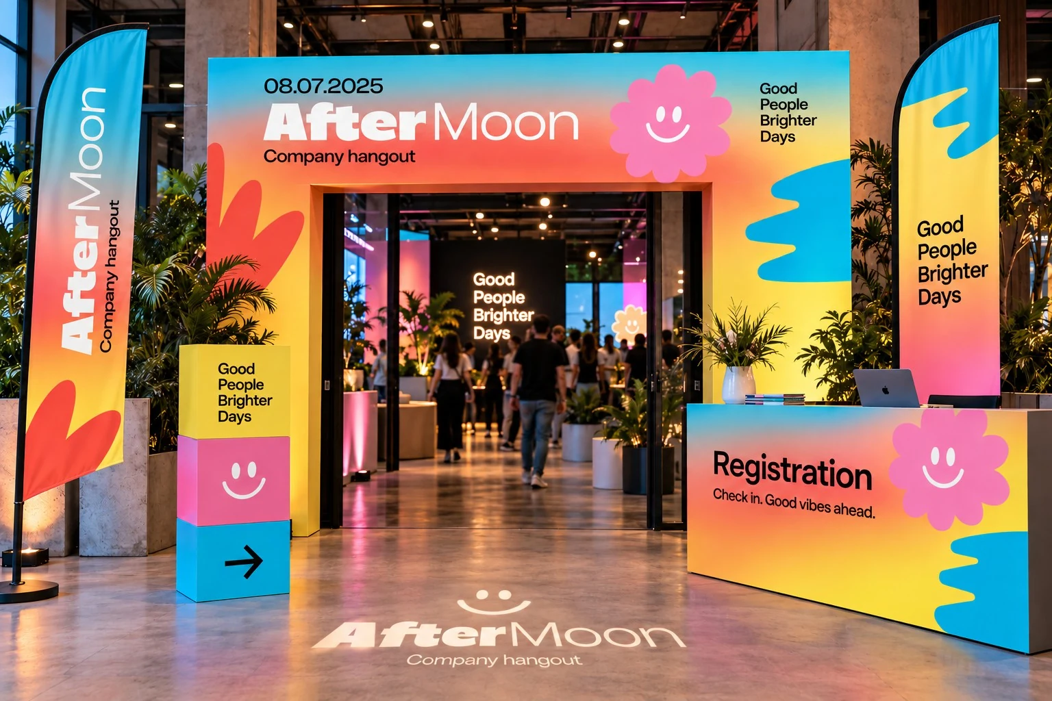AfterMoon event branding: entrance arch and registration desk