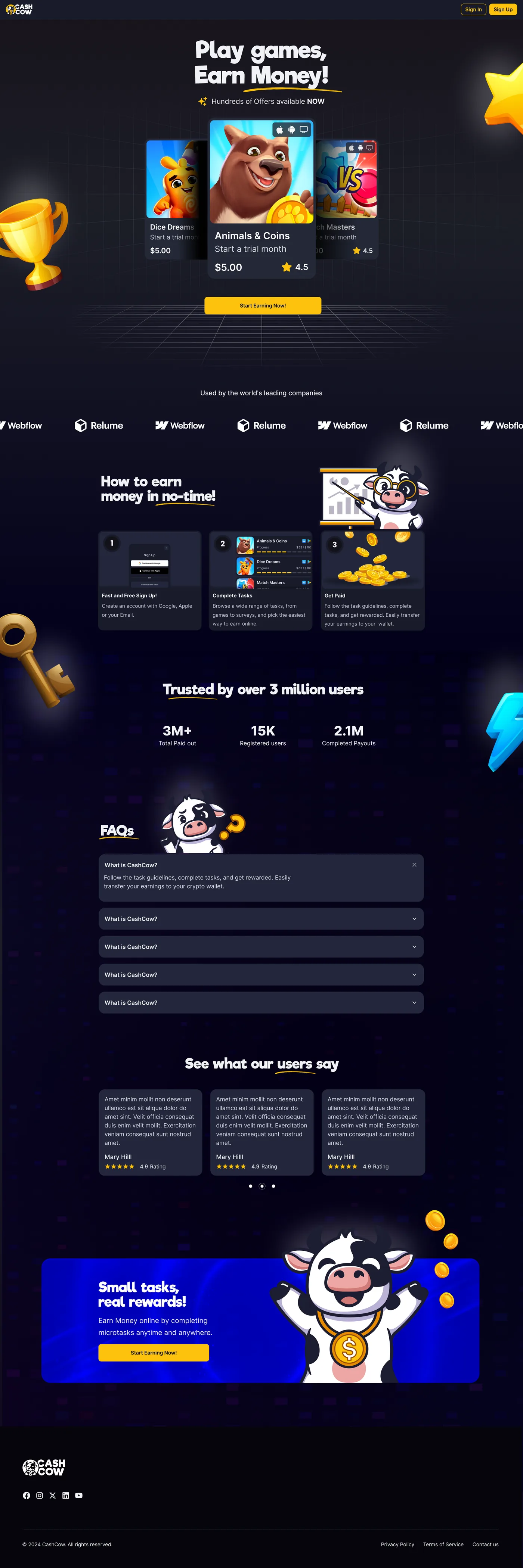 Cashcow landing page, the earning flow