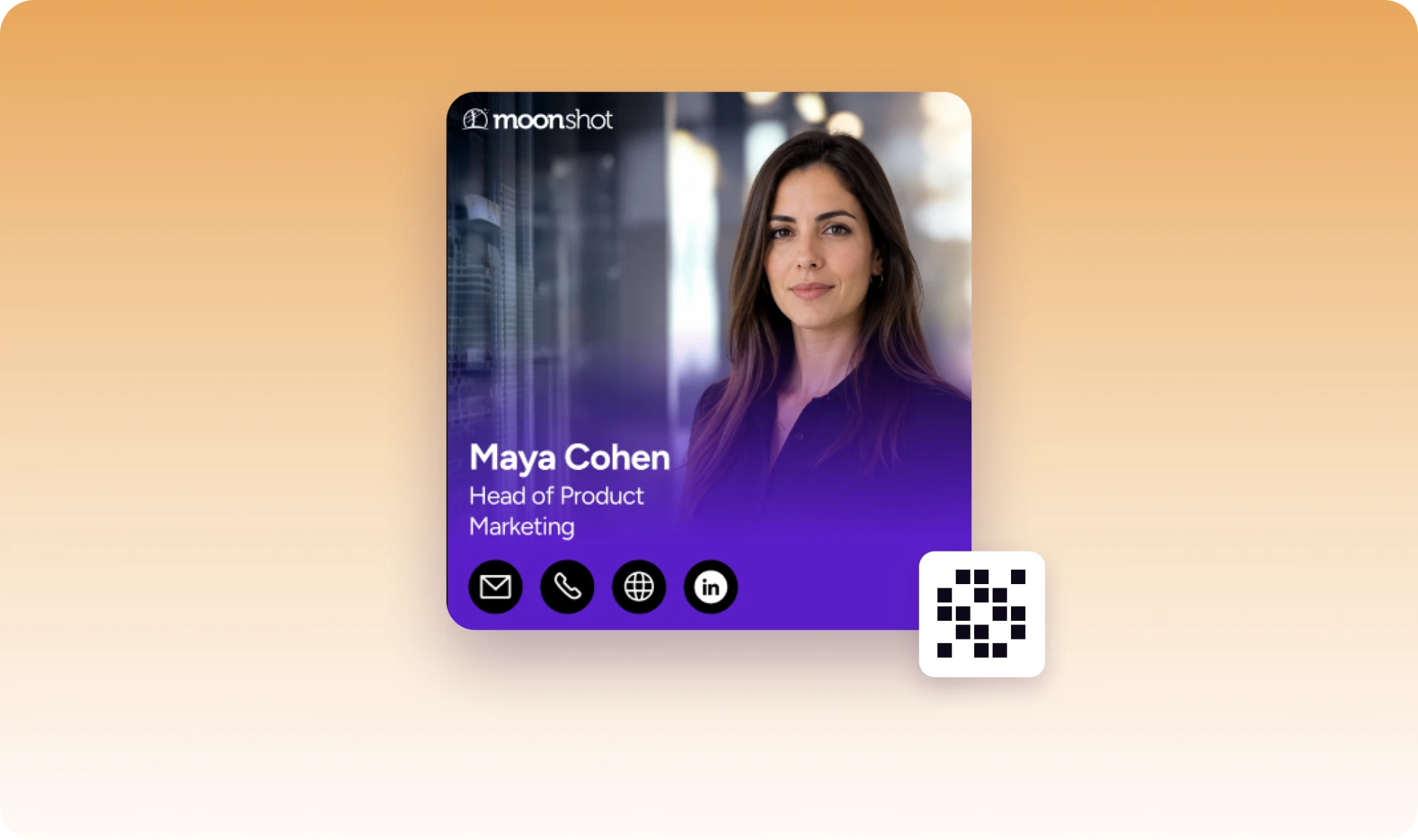 A Moonshot digital business card: name, title, one-tap contact actions and a QR code